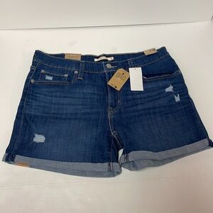 LEVI’S Medium Dark Blue Distressed Mid-Rise Mid-Length Hypersoft Jean Shorts, 12